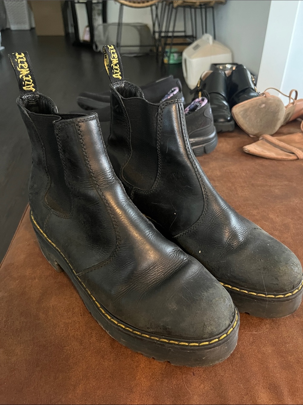 Dr. Martens Black Leather Chelsea Combat Boots with Yellow Stitching